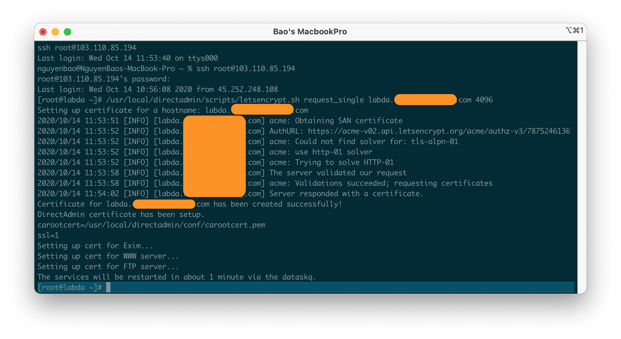 cài đặt SSL cho Hostname DirectAdmin - Installing an SSL certificate for your hostname using LetsEncrypt