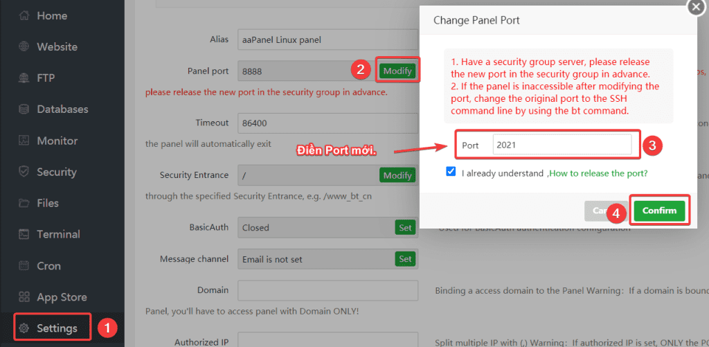 Thay đổi Port aaPanel