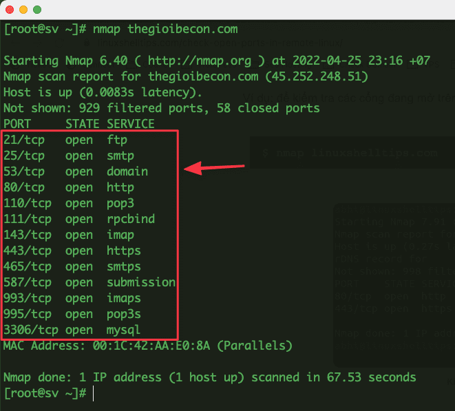 Checking open port remotely with Nmap on Linux