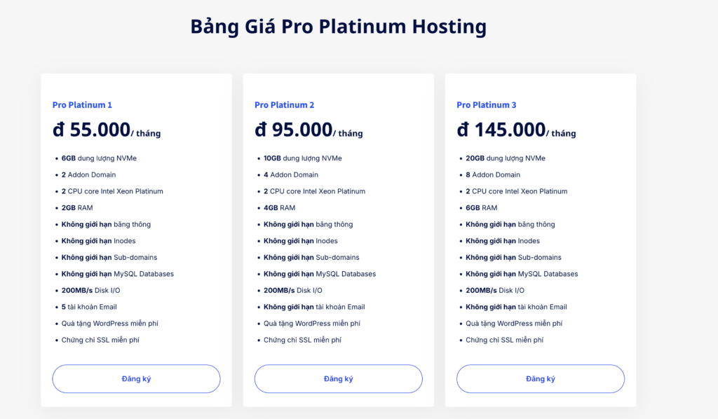 Bảng giá gói host giá rẻ sử dụng CPU Platinum