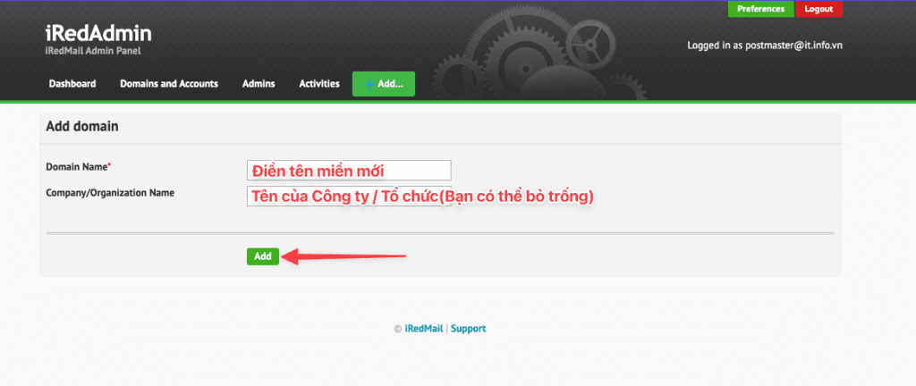 Hướng dẫn thêm tên miền trên iRedMail
