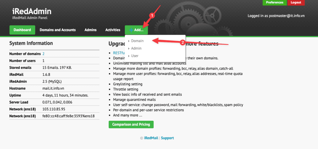 Hướng dẫn thêm tên miền trên iRedMail