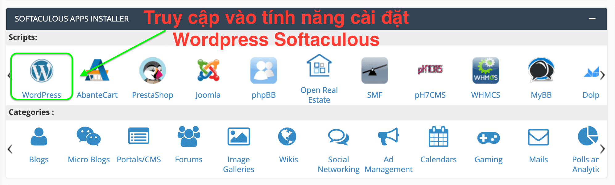 Cài đặt wordpress với Softaculous Apps Installer