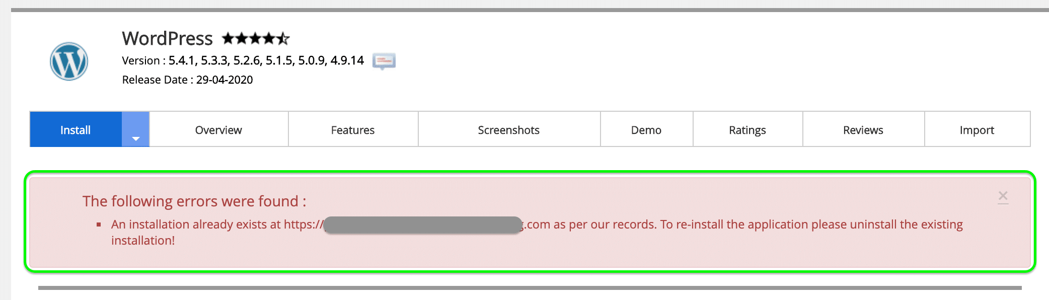 The following errors were found : An installation already exists at as per our records. To re-install the application please uninstall the existing installation! remove the WordPress website installed with Softaculous