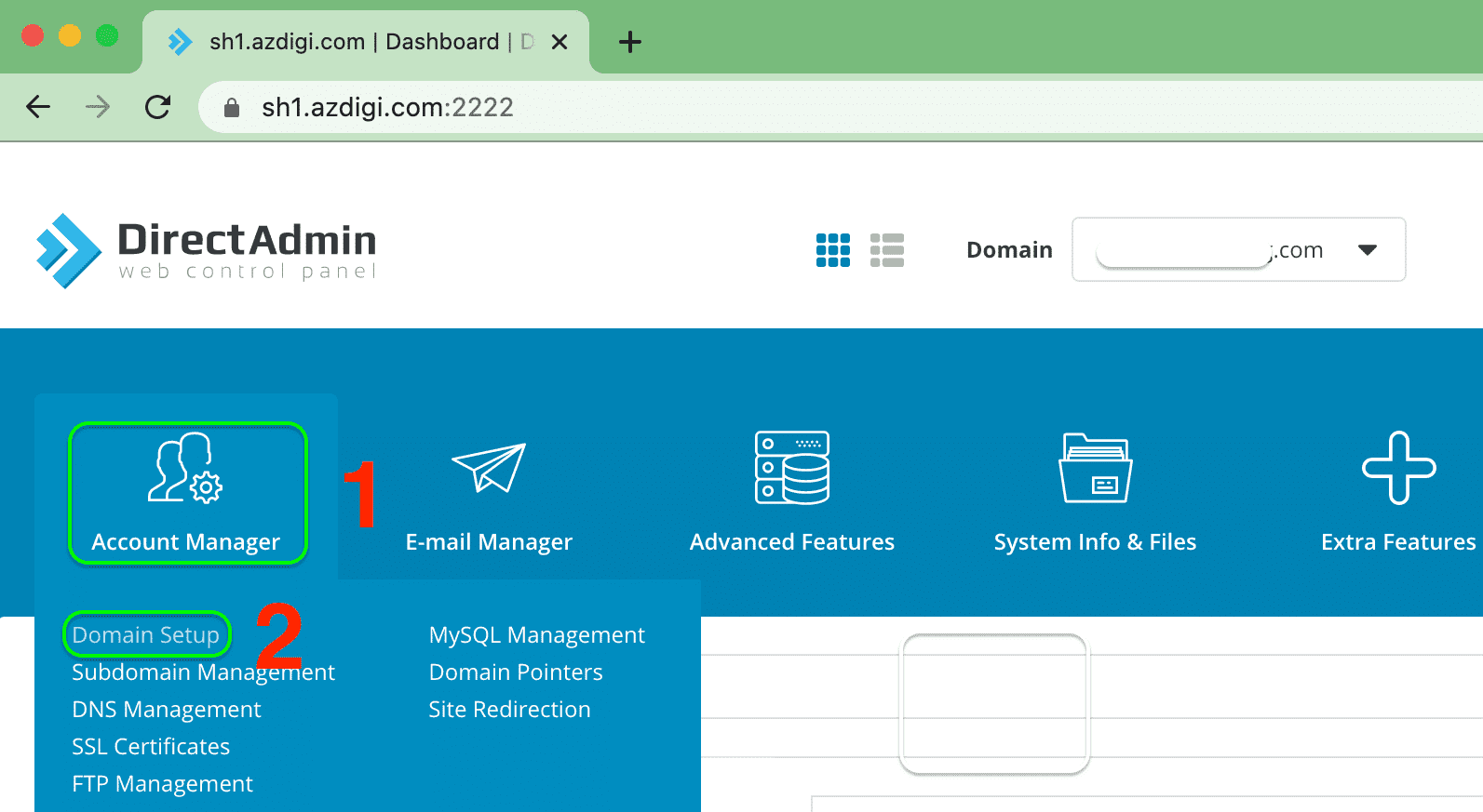 thêm addon vào gói SEO Hosting - Account Manager - Domain Setup