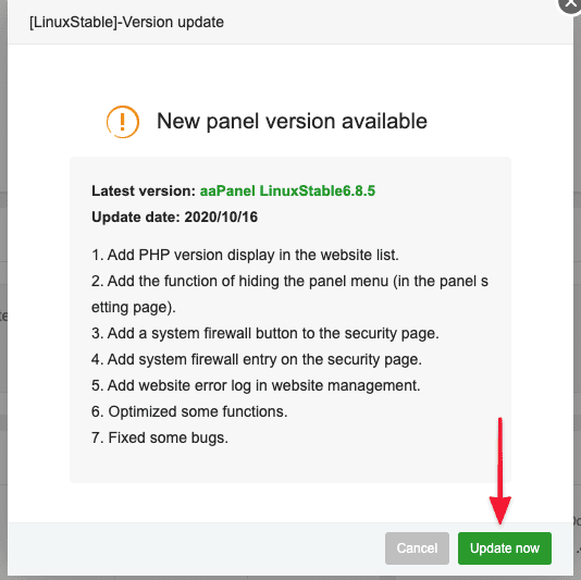 Hướng dẫn update version aaPanel