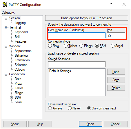 PuTTY Windows configuration and connection screen with profile save option