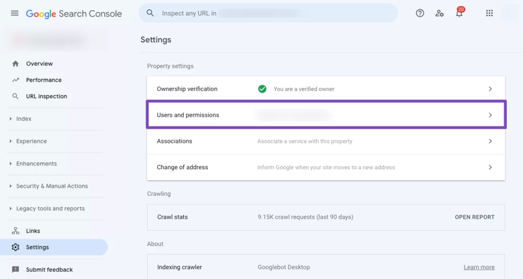 Choose Users and Permissions in Google Search Console settings