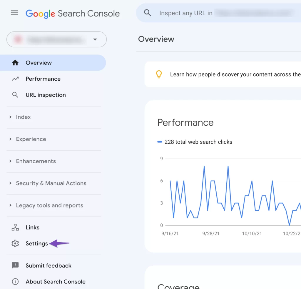 Open settings in Google search console