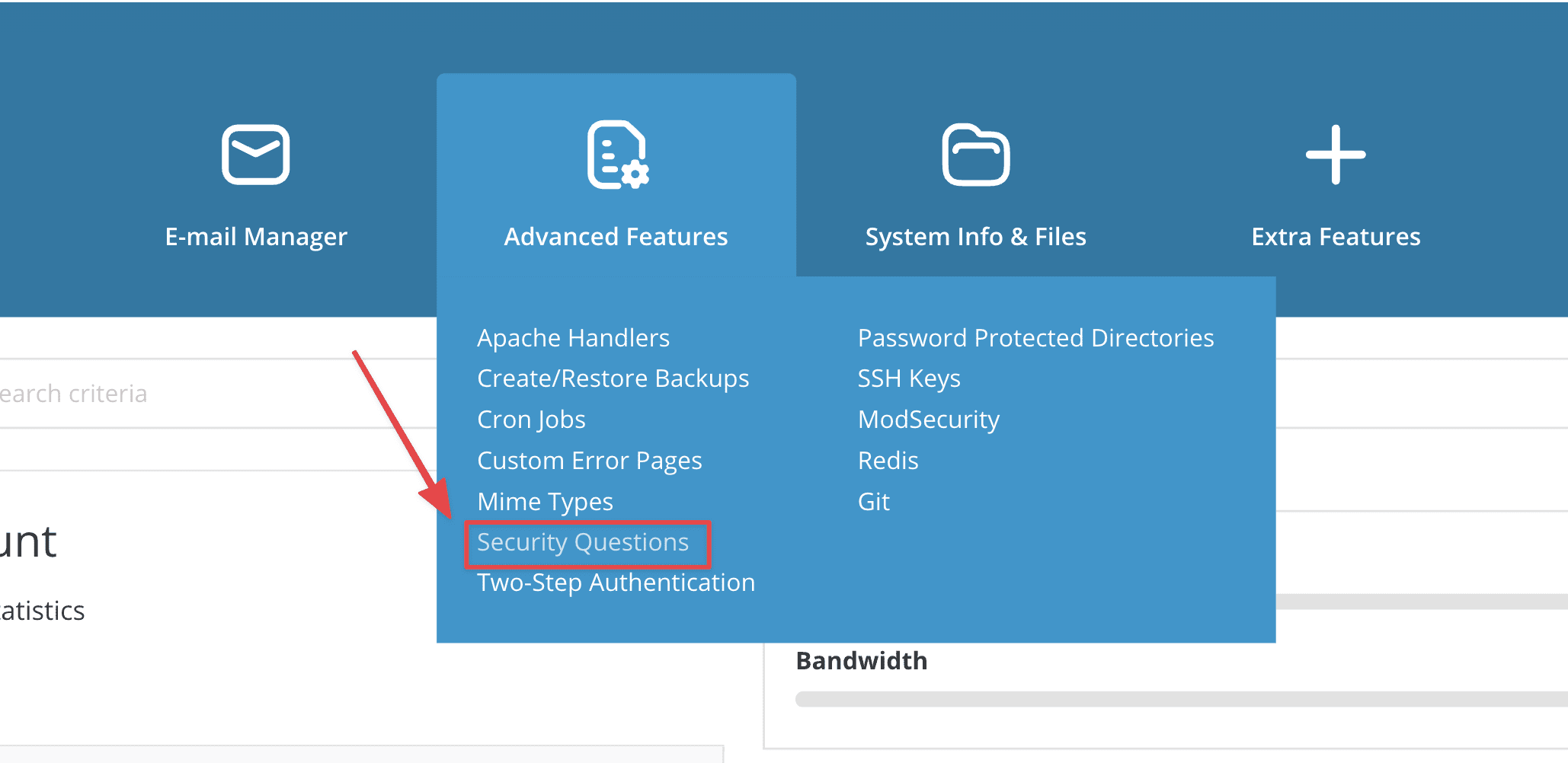 Enable security questions on DirectAdmin