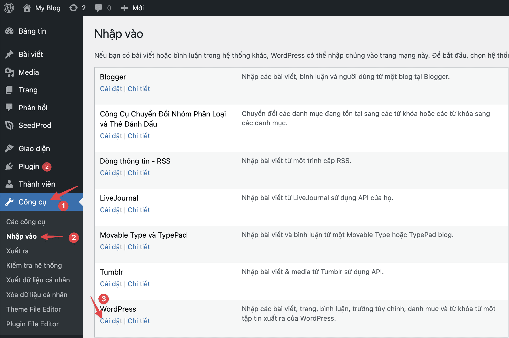 Using the Export/Import tool in WordPress