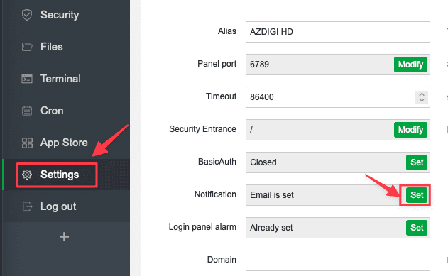 Setting up notifications on aaPanel