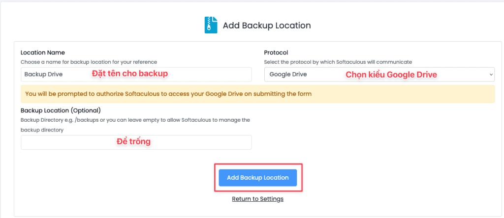 Backing up data to Google Drive through Softaculous