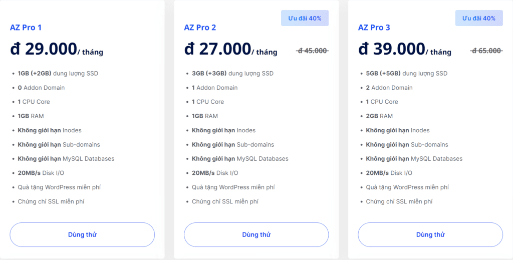 Bảng giá Pro Hosting giá rẻ tại AZDIGI
