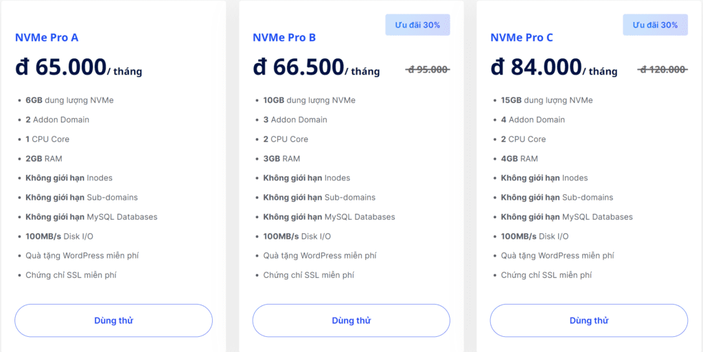 Bảng giá hosting NVMe giá rẻ tại AZDIGI